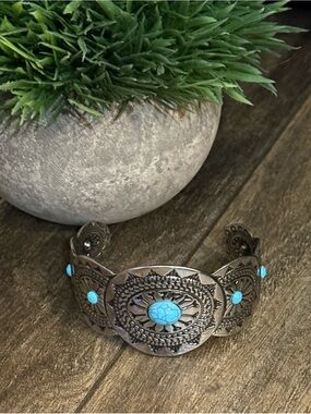 Turquoise Stone Silver-Tone Cuff Bracelet - Women Jewelry